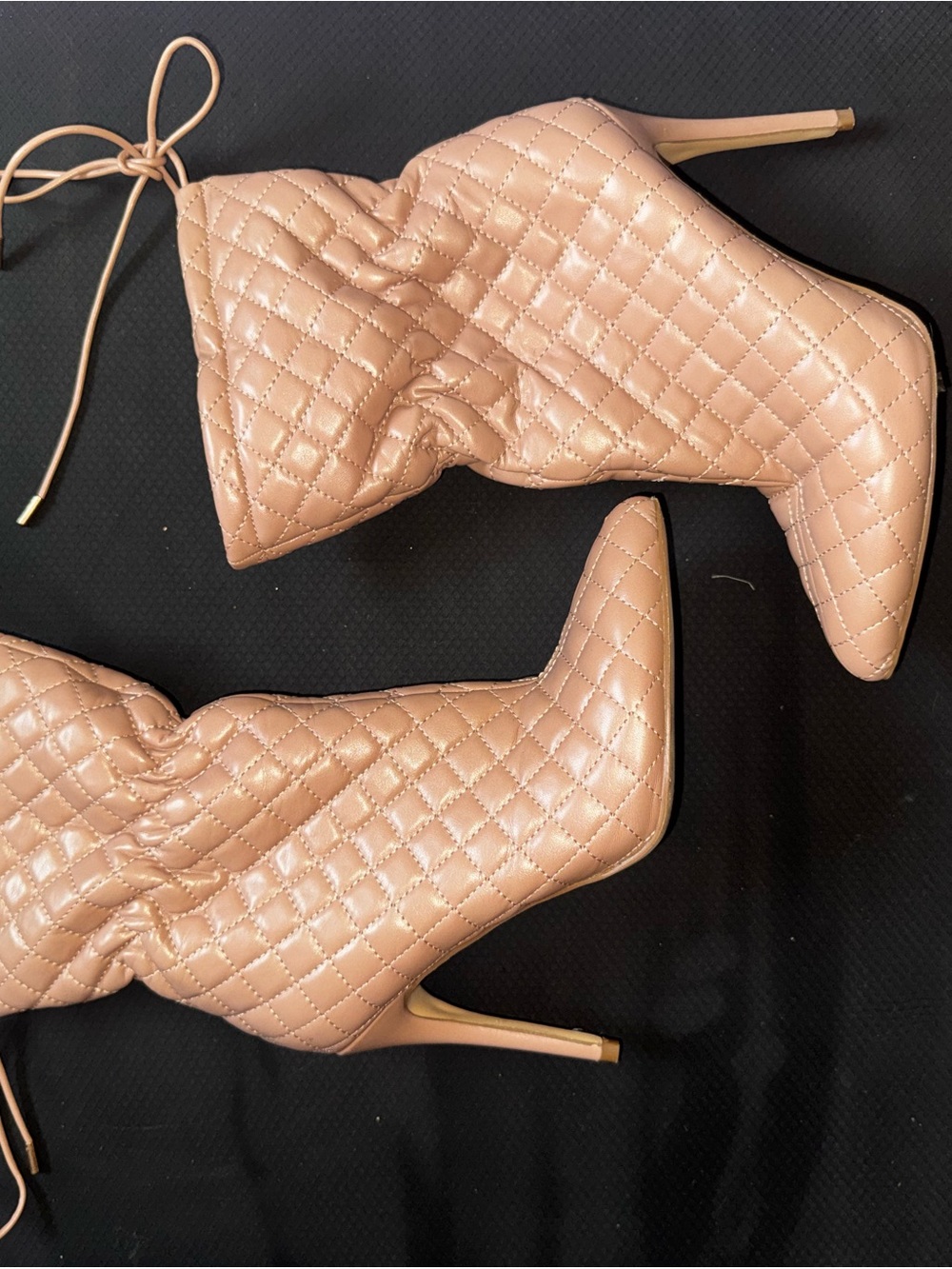Anne Michelle Quilted Pointed-Toe Ankle Booties in Beige